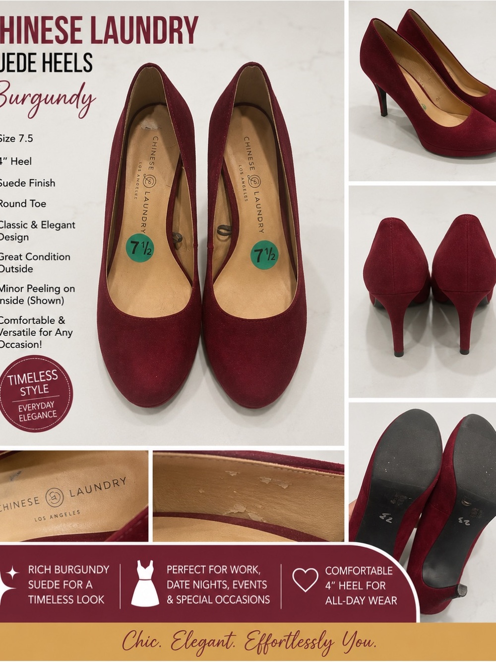 Chinese Laundry Burgundy Suede Pointed Round-Toe Heels